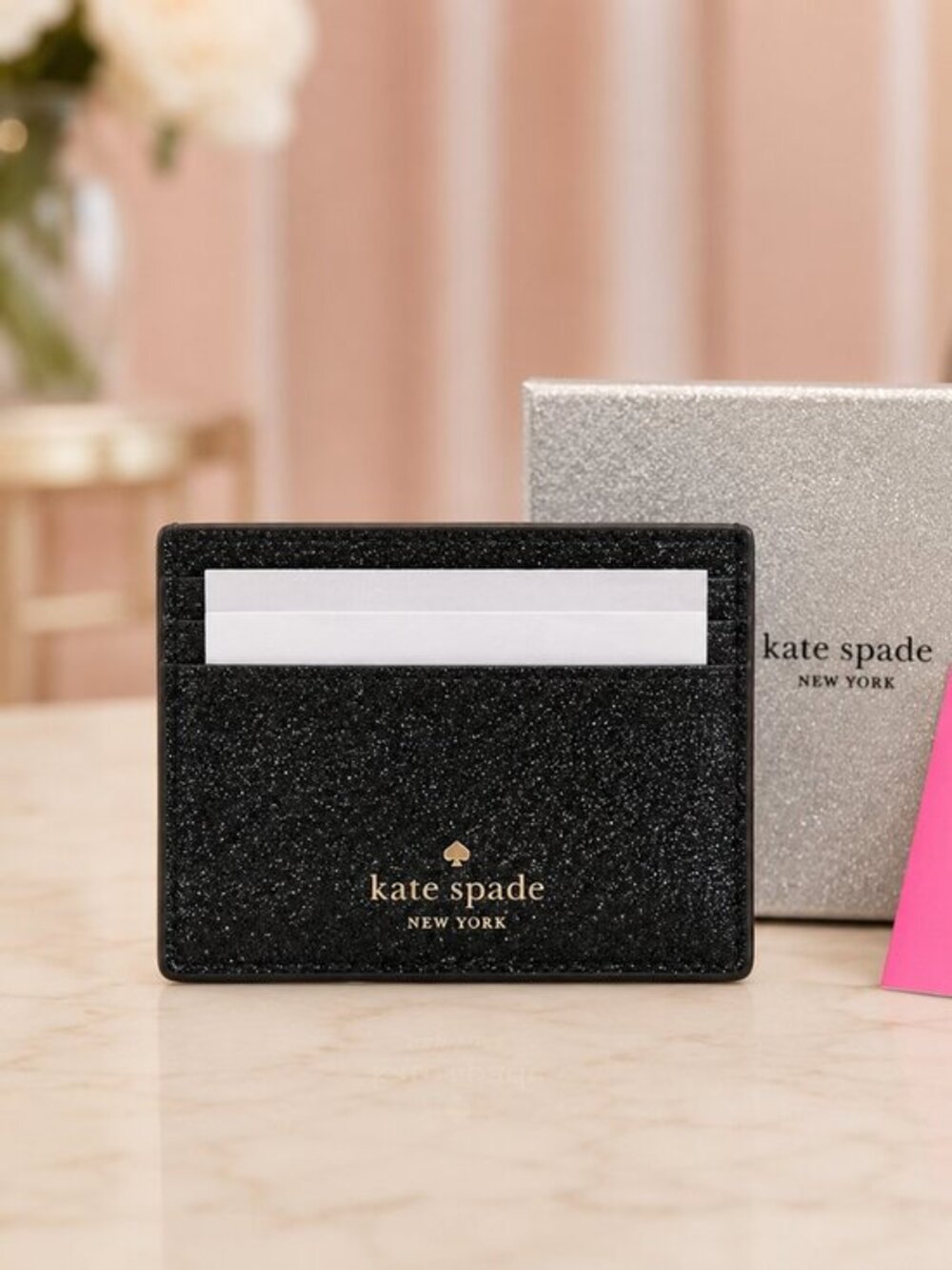 Kate Spade Black Glitter Card Holder Wallet 6 Slots 4.3” NWT